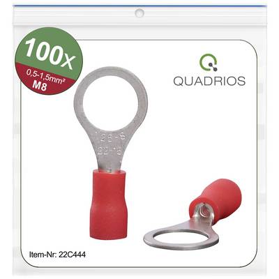 La figure montre des cosses de câble rouges de QUADRIOS, lot de 100 pièces, pour câbles de 0,5-1,5 mm², M8. Numéro de produit : 22C444.