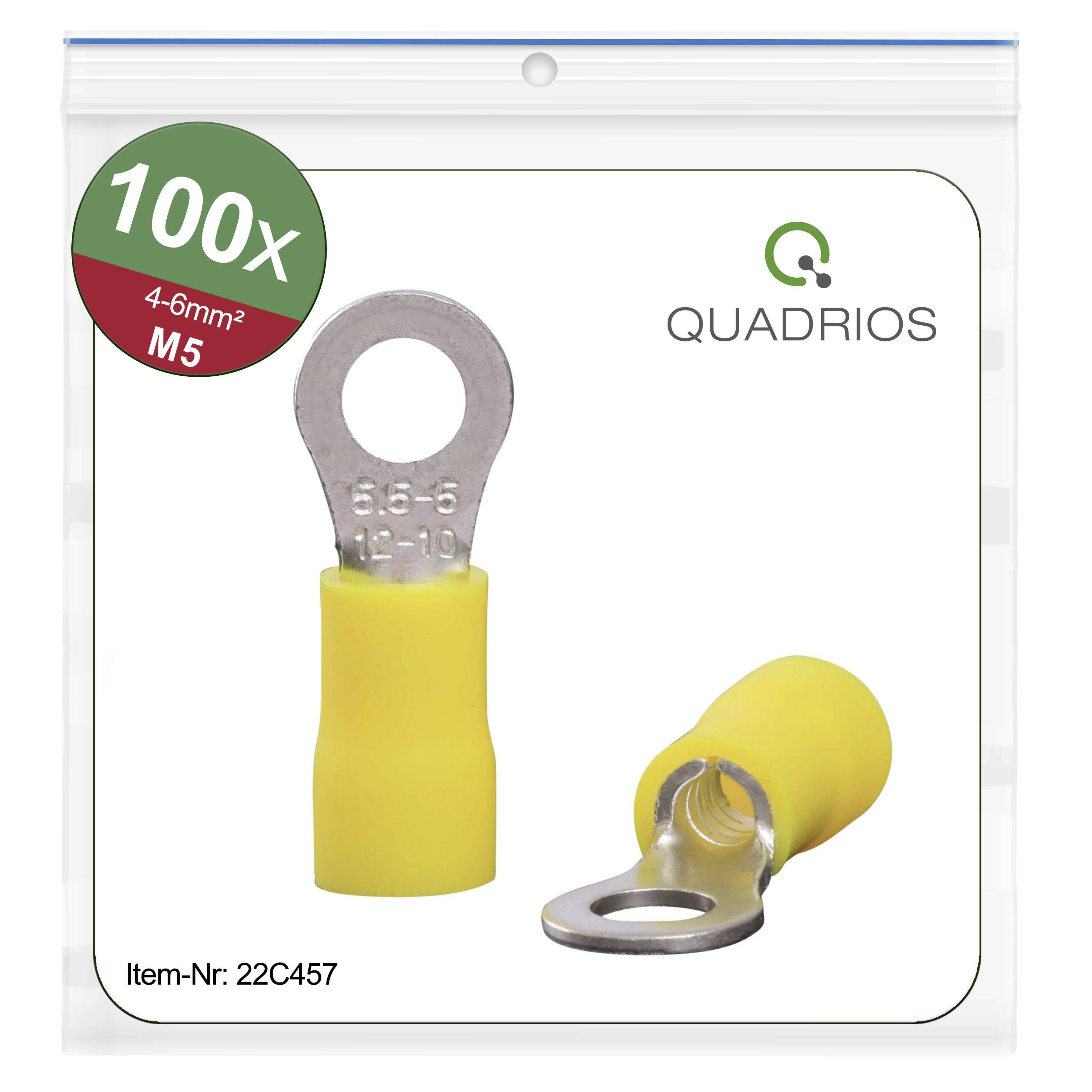 Cosses à sertir annulaires 100 pièces, 4-6mm², M5, jaune. Marque Quadrio. Référence article : 22C457.