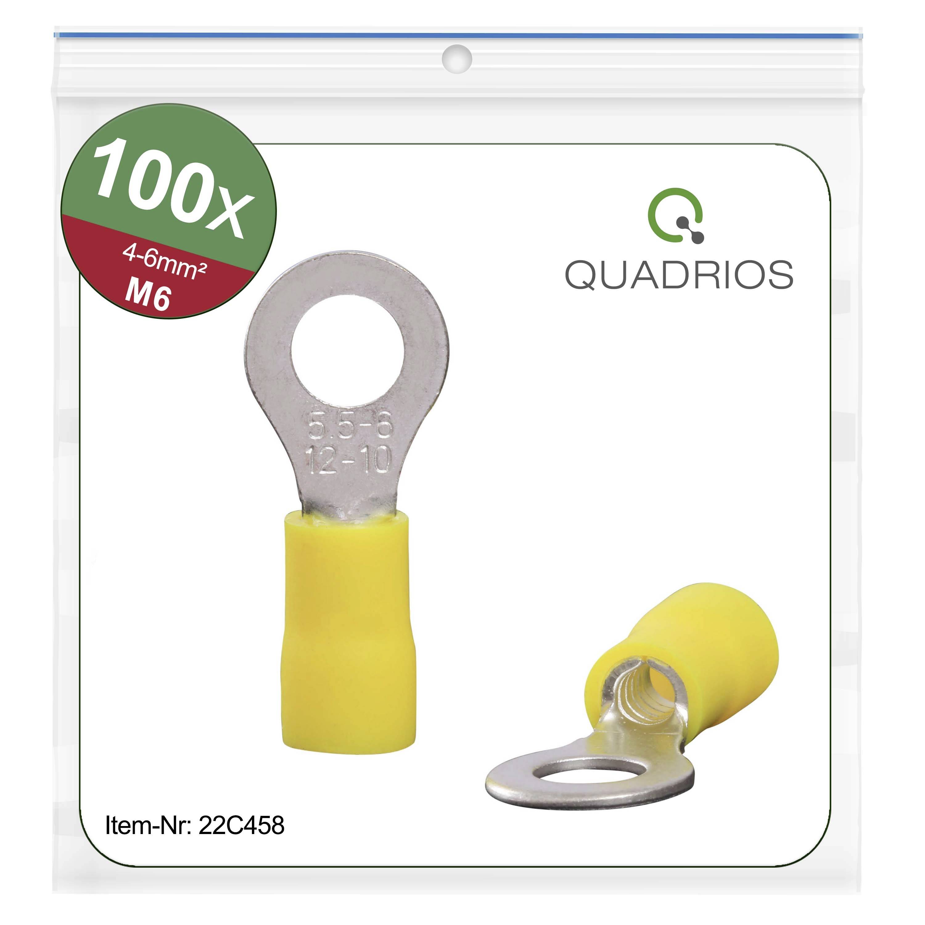 '100x QUADRIOS cosses de câble, jaunes, 4-6mm², M6, Réf. : 22C458. Une illustration montre deux cosses de câble avec une connexion ronde.'