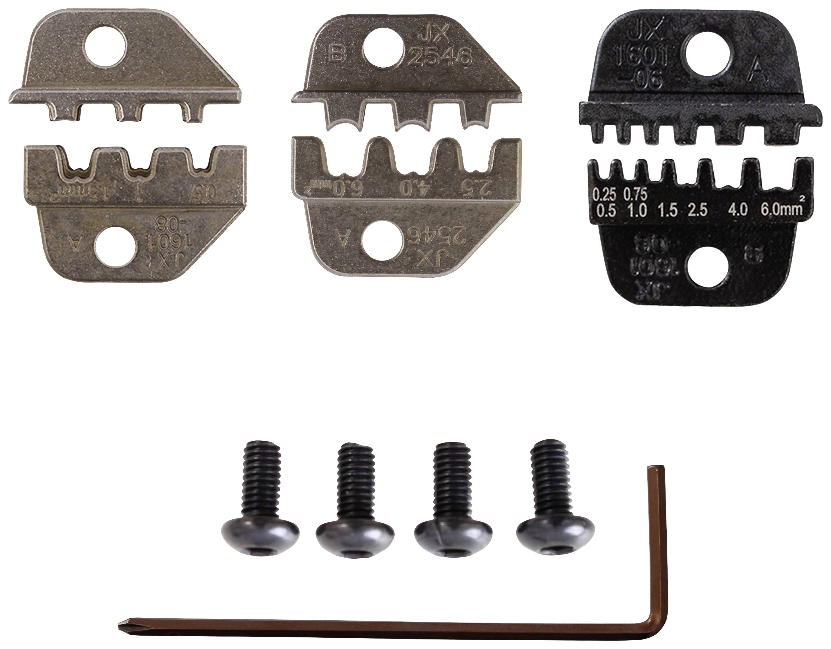 Trois coupe-câbles et une clé hexagonale, accompagnés de quatre vis, sur un fond blanc. Outils pour le travail des câbles.