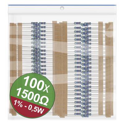 Un sachet en plastique contenant 100 résistances de 1500 ohms, tolérance 1%, 0,5 watt, fixé sur une bande de carton.