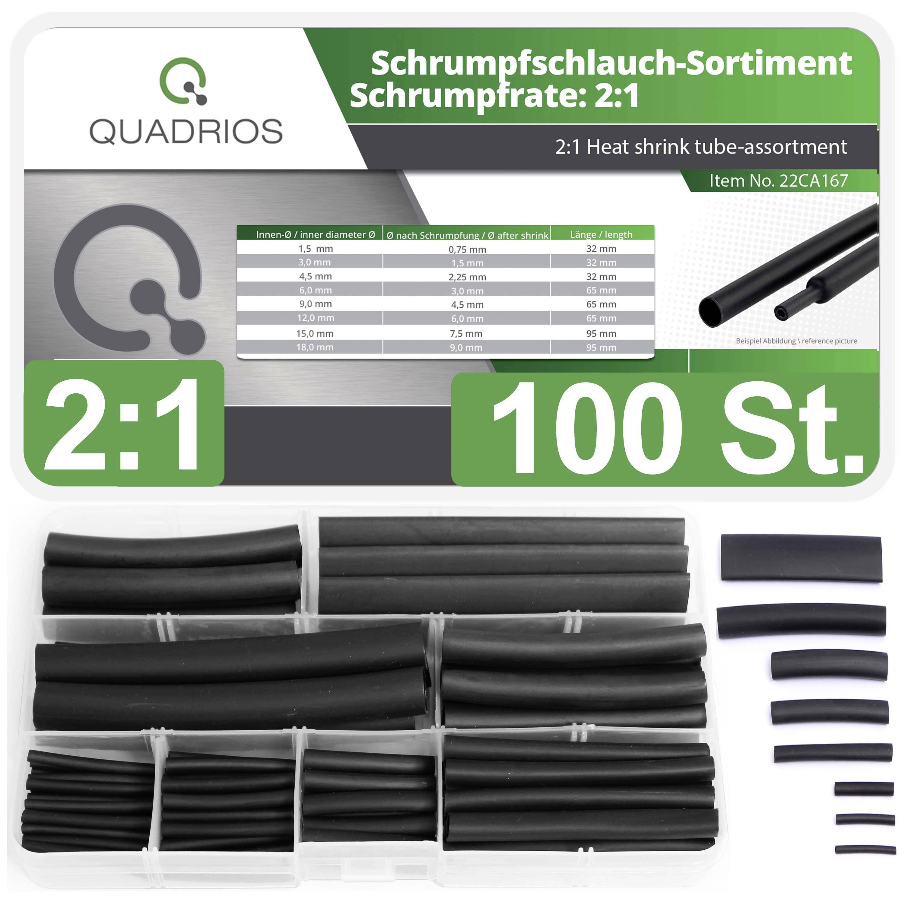 Assortiment de gaines thermorétractables 2:1, 100 pièces, comprenant différentes tailles. Représentation graphique avec tableau des dimensions des gaines.