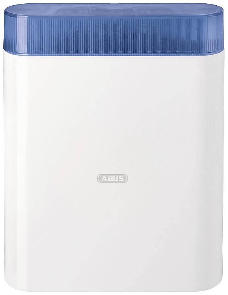 Un appareil blanc avec une partie supérieure bleue, probablement un dispositif de sécurité ou un avertisseur, portant la marque 'ABUS' au centre.