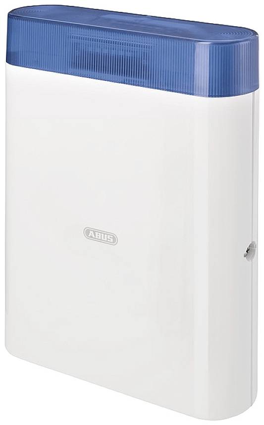 Une sirène blanche avec feu bleu, adaptée aux systèmes d'alarme. Le logo Abus est visible sur la face avant.