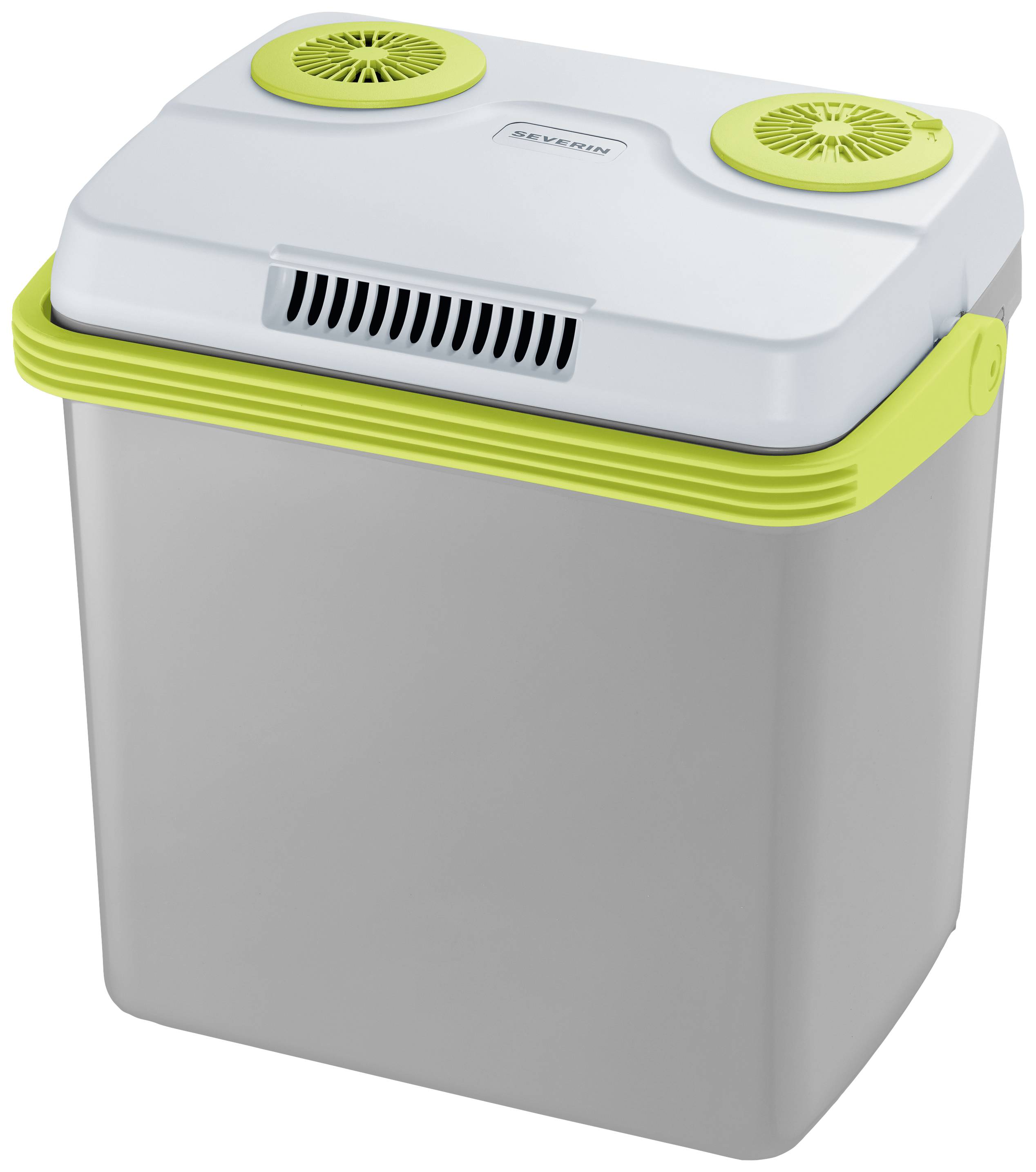 Glacière électrique grise avec bordure jaune sur le couvercle et des fentes d'aération en haut, adaptée pour maintenir les aliments au frais lors de déplacements.