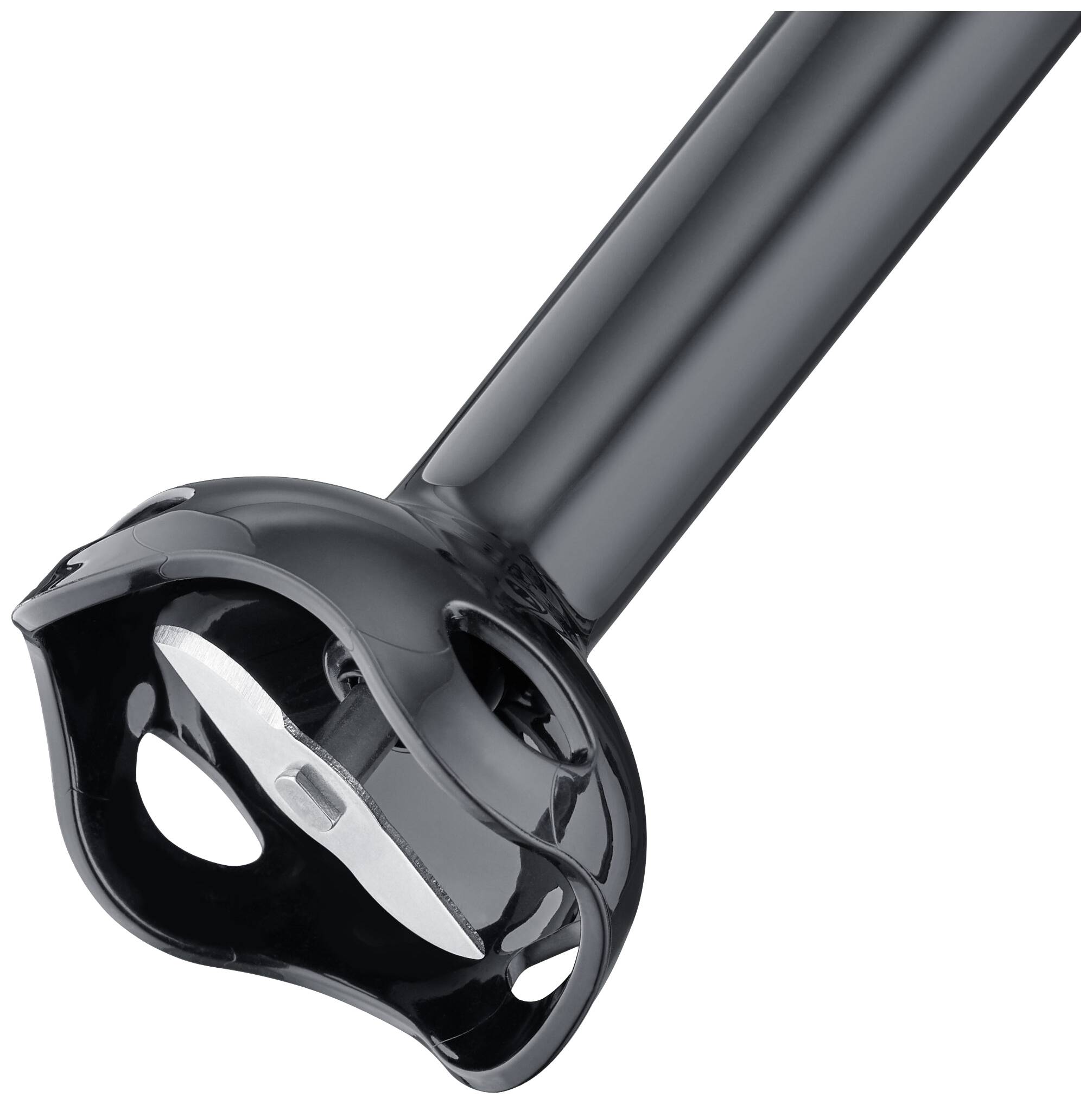 Embout de mixeur plongeant noir avec lame en acier inoxydable, adapté pour réduire en purée soupes et sauces.