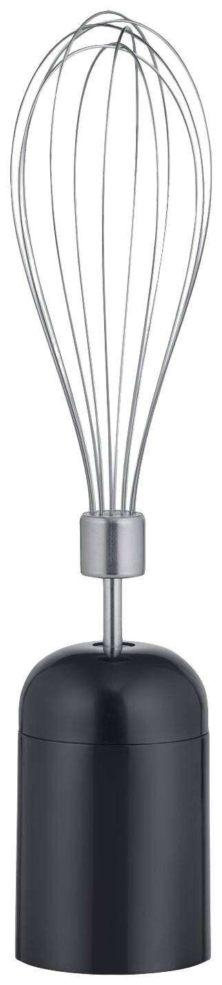 Un batteur électrique noir et argenté avec des fouets fins en fil métallique, reposant sur un socle stable, adapté pour mélanger ou fouetter.