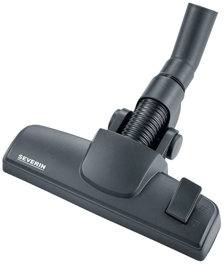 Un embout d'aspirateur en gros plan. Il est noir, avec une brosse et une articulation pivotante, portant la marque 'Severin'.