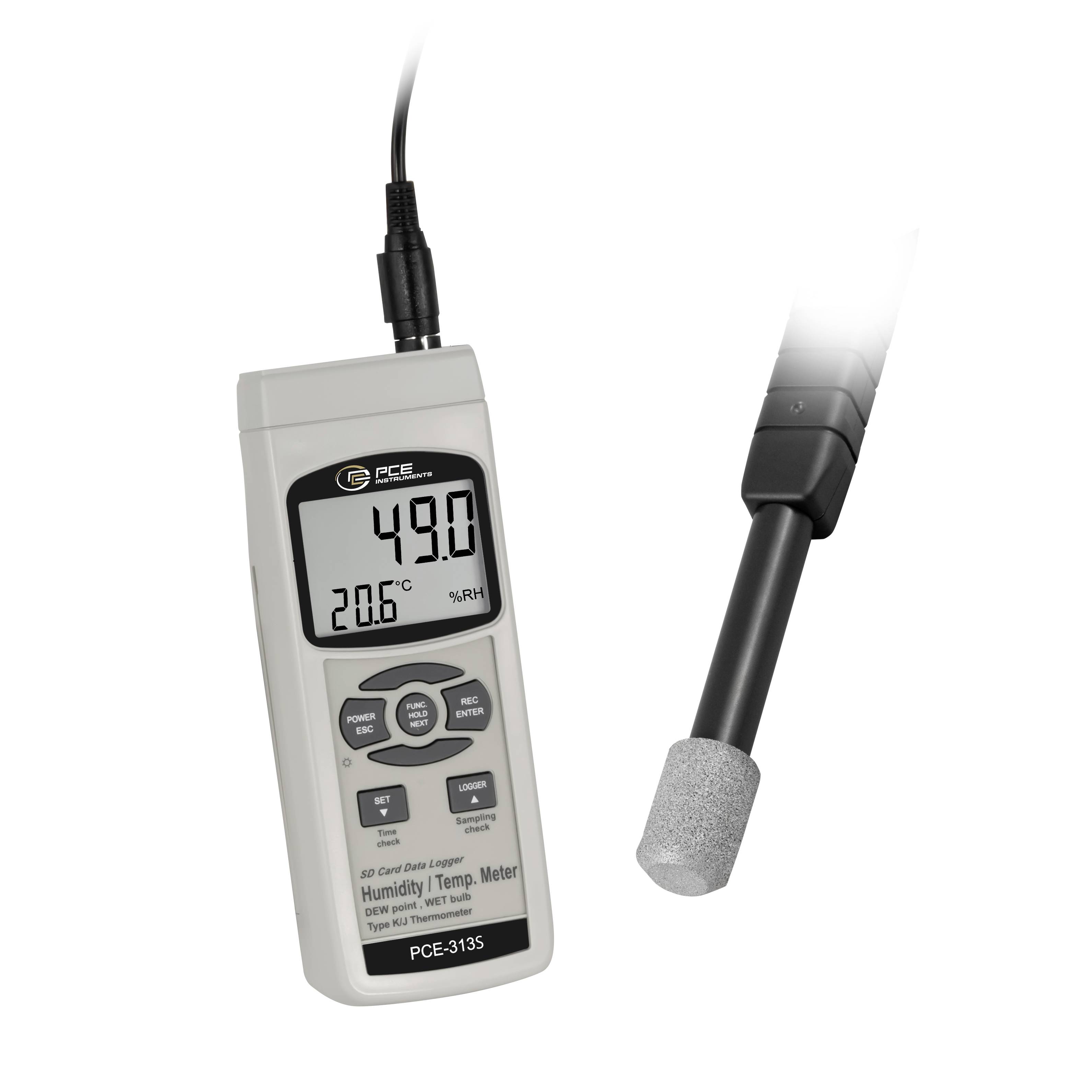 Humidimètre portatif PCE-3135 affichant 49,0 % HR et 20,6 °C, avec un capteur à sonde présenté à côté.