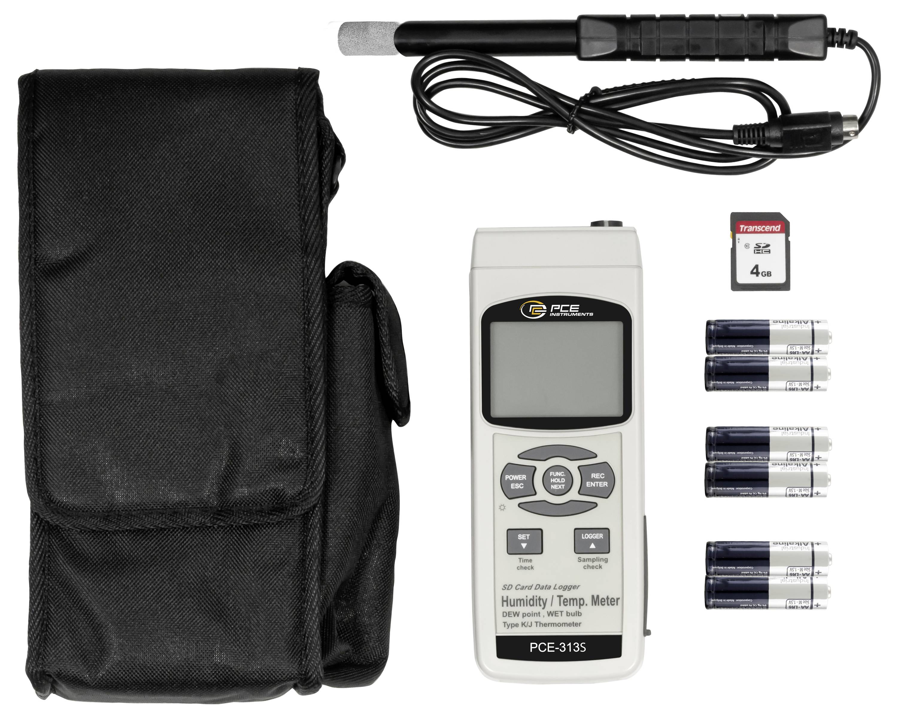 Kit de thermohygromètre portatif avec sonde, étui de transport, piles et carte mémoire 4 Go.