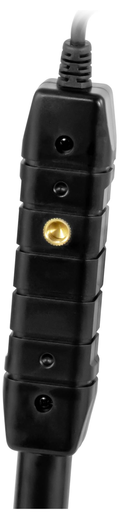 Commutateur de contrôle de câble inline noir avec bouton ambre illuminé sur un cordon sur fond blanc.