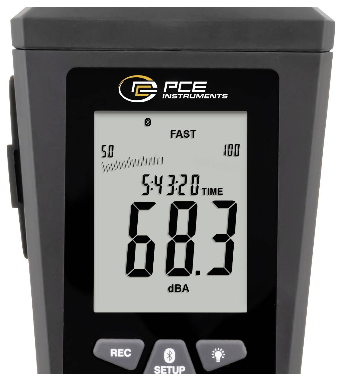 Sonomètre PCE Instruments affichant 68,3 dBA en mode FAST avec les boutons d'enregistrement et de configuration.