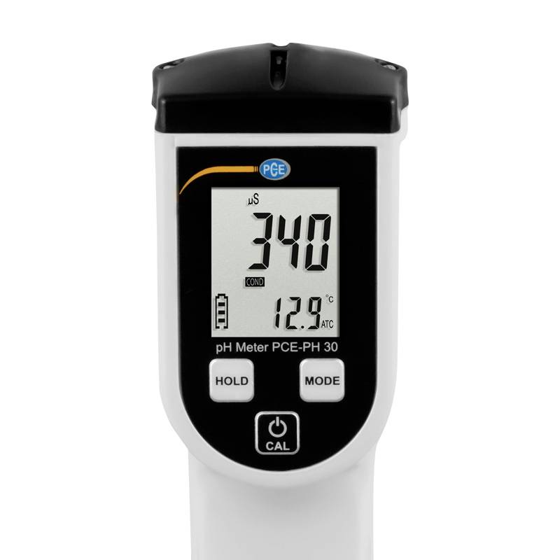 Appareil de mesure de pH numérique affiche une valeur de 3,40 µS et une température de 12,9 °C, avec des touches 'Hold', 'Mode' et 'Cal'.