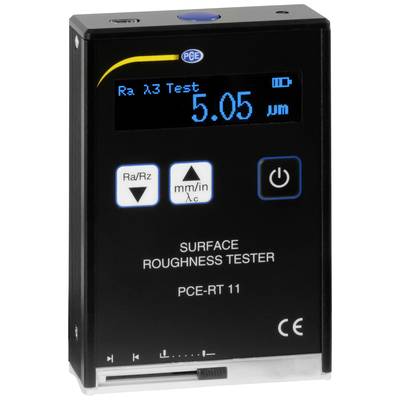 Dispositif électronique de mesure de rugosité de surface avec affichage 'Ra Test 5,05 µm'. Touches pour les modes de mesure et les unités.