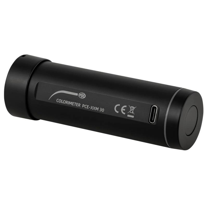 Colorimètre portable, appareil cylindrique noir avec connexion USB et marquage CE, modèle PCE-XXM 30.