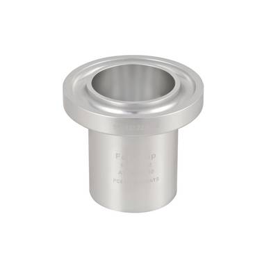Raccord de tuyauterie sanitaire en acier inoxydable avec un sommet à bride et un corps cylindrique, présenté sur un fond blanc.