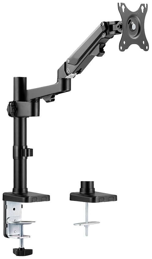 Bras de moniteur réglable en hauteur en noir avec pince de table et articulations pivotantes, adapté pour fixer un écran de manière flexible.