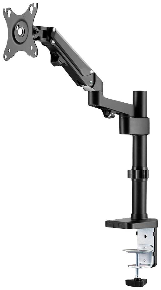 Un bras de moniteur métallique réglable pour bureaux, avec pince de fixation. Adapté aux supports d'écran, optimisable ergonomiquement.