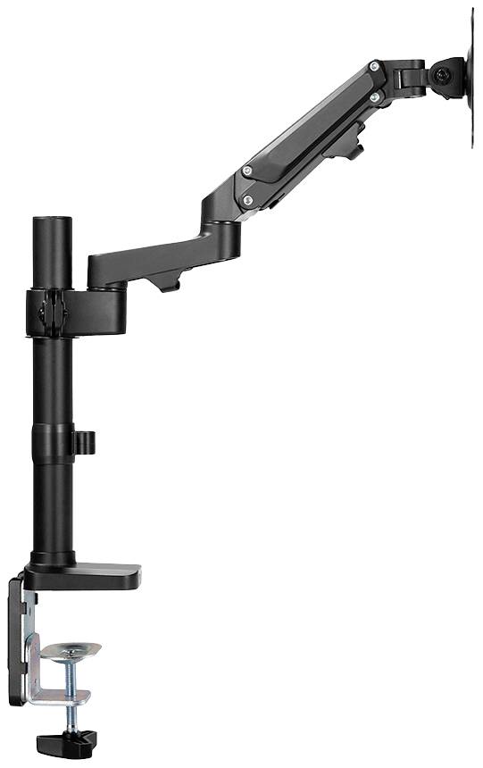 Support de table pour moniteurs avec bras réglable, adapté pour une fixation sur les bords de bureau, permettant un positionnement flexible des écrans.