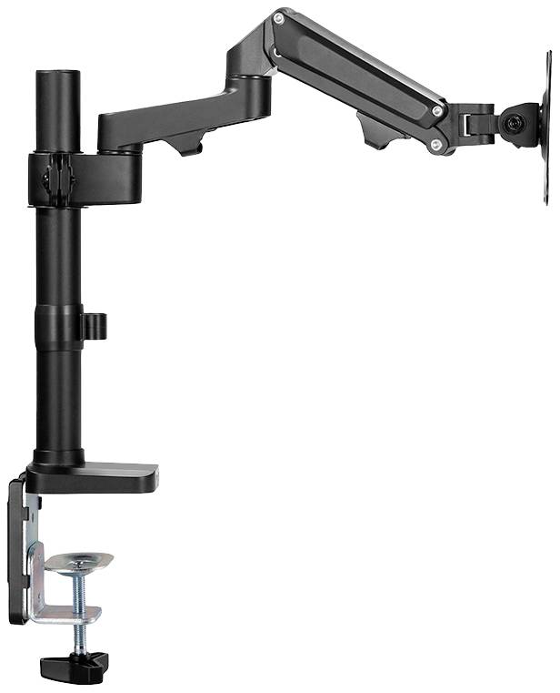 Un bras de moniteur noir ajustable, fixé à un bureau, permettant le positionnement flexible d'un écran d'ordinateur.