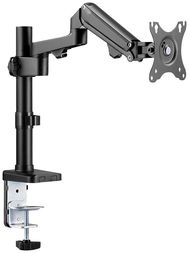Bras de moniteur noir avec articulation réglable, pince de fixation pour bureau, support VESA pour écrans.