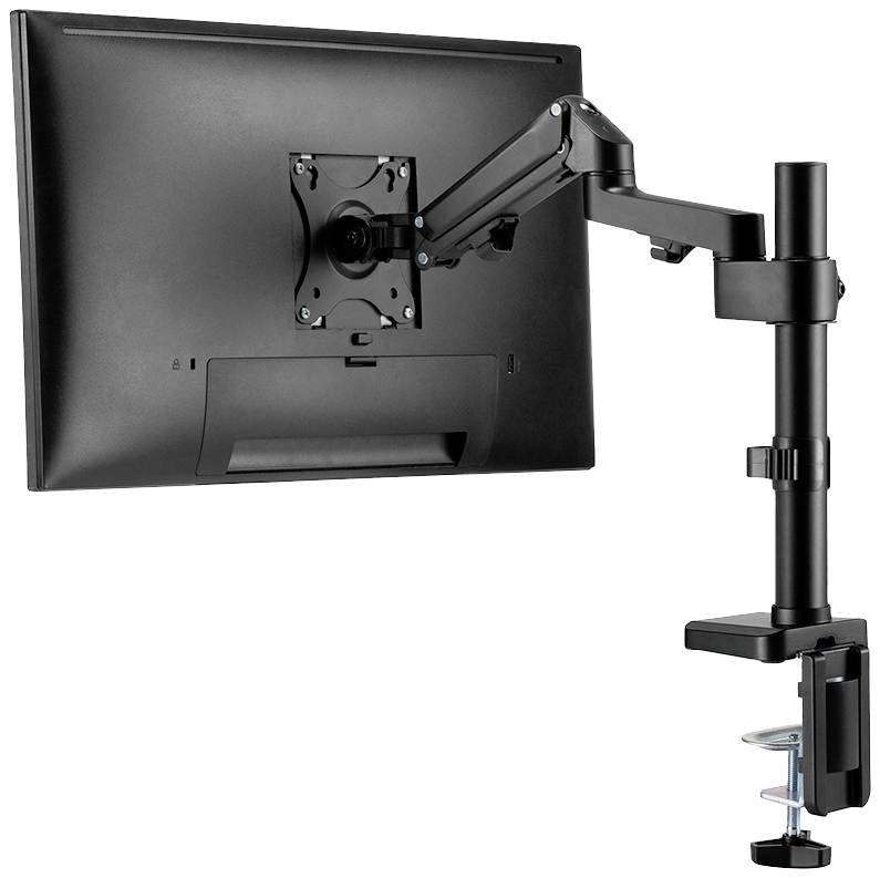 Support de moniteur avec bras fixé au bord de la table. Un écran est monté et montre la fonctionnalité rotative du bras.