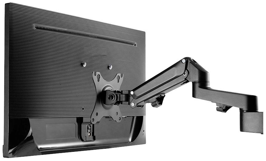 Un moniteur noir doté d'un bras de support mobile fixé à l'arrière permet un positionnement flexible.