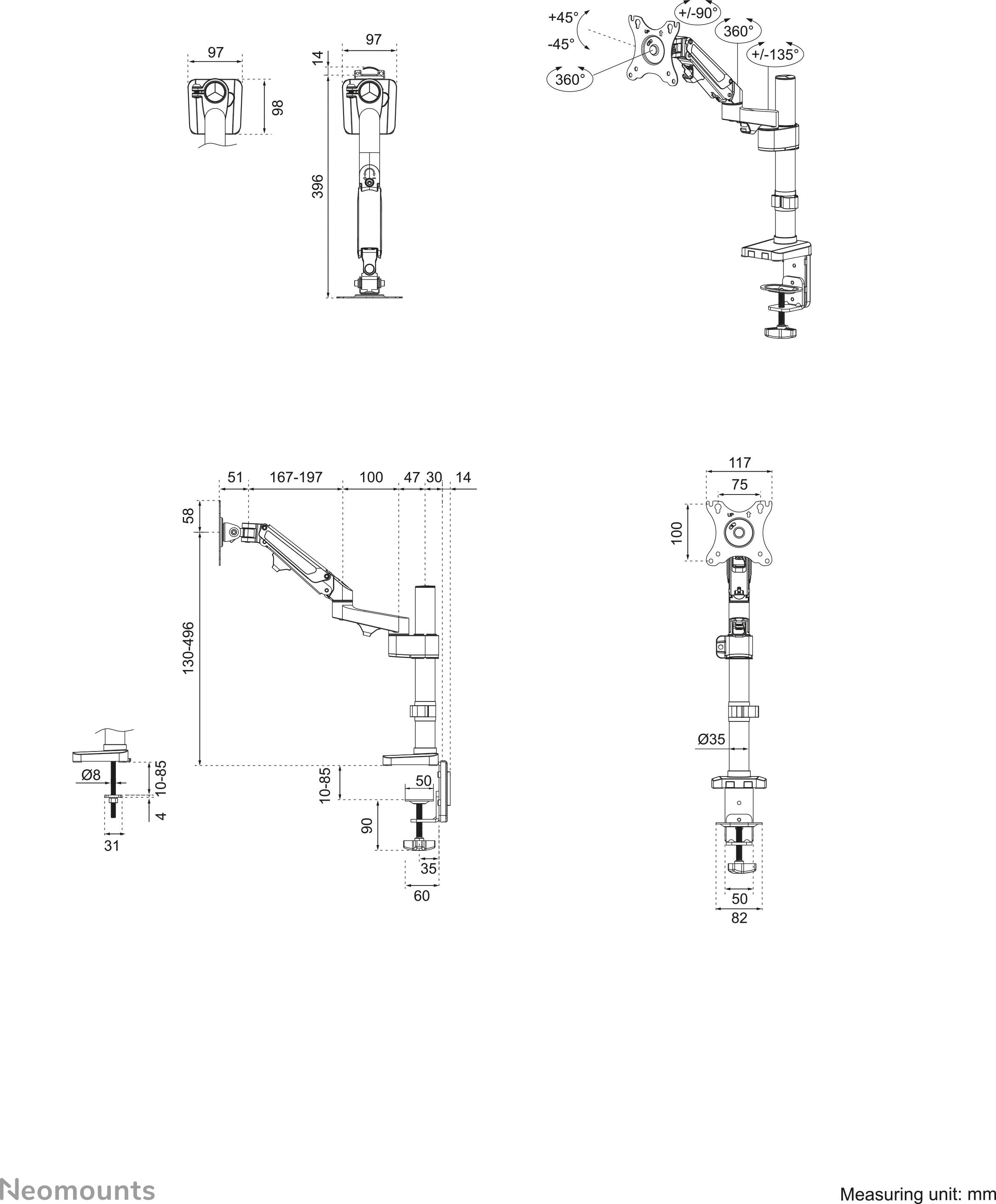 'Dessin technique d'un bras de moniteur ajustable avec des dimensions détaillées et des possibilités de rotation sous différents angles.'