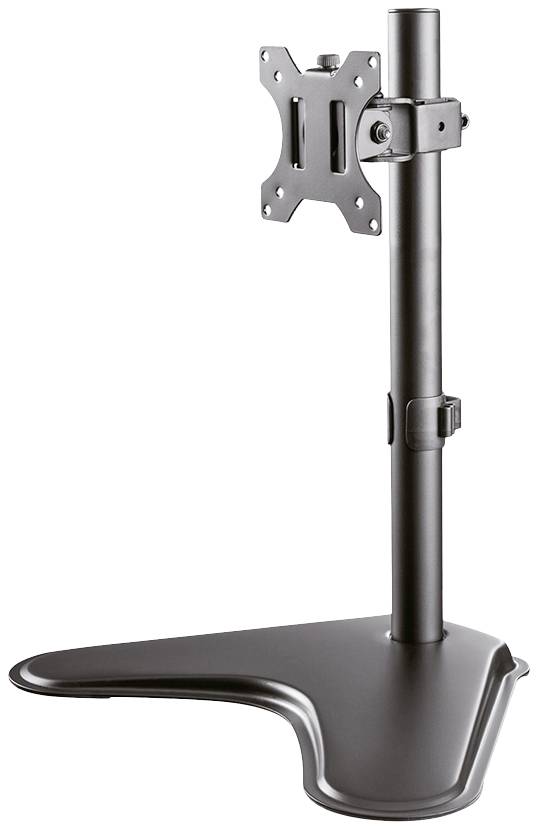 Un support de moniteur noir avec support réglable en hauteur sur une base triangulaire. Adapté pour le montage d'écran.