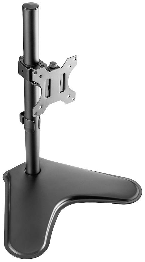 Support de moniteur noir unique avec support réglable en hauteur et base en forme de T, adapté à un usage de bureau ou domestique.