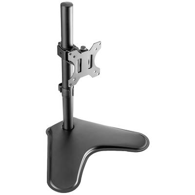Support de moniteur noir unique avec support réglable en hauteur et base en forme de T, adapté à un usage de bureau ou domestique.