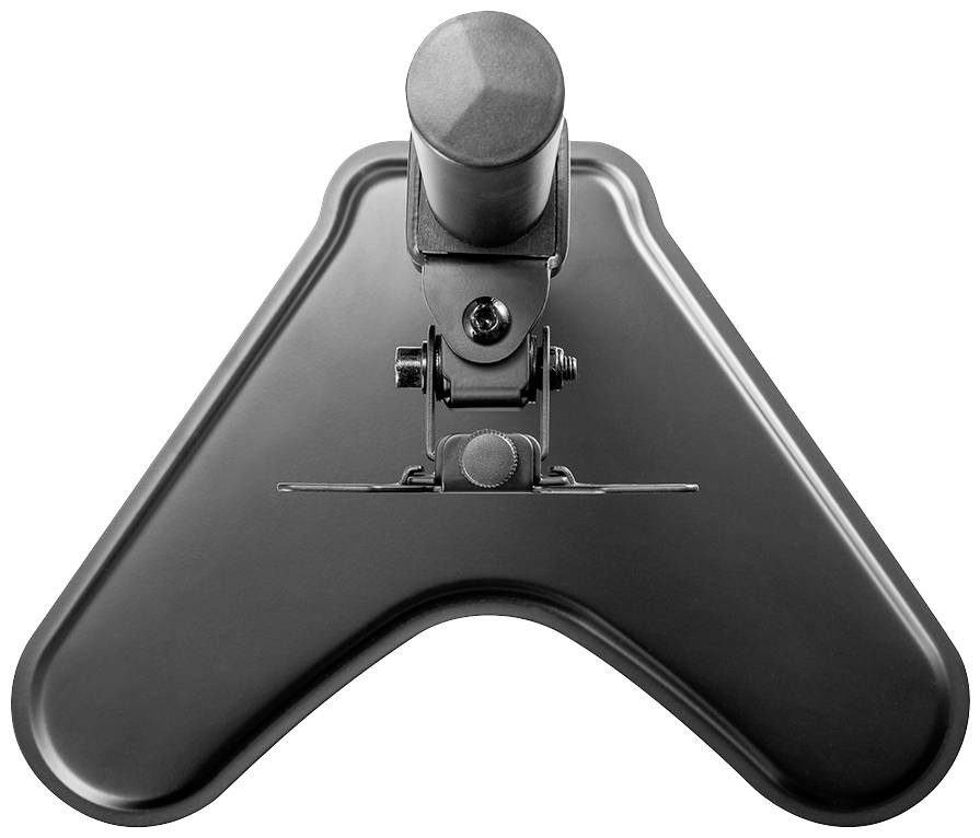 Un pied de table en forme de V, noir et gris, avec un support métallique en haut pour la fixation au plateau de table.