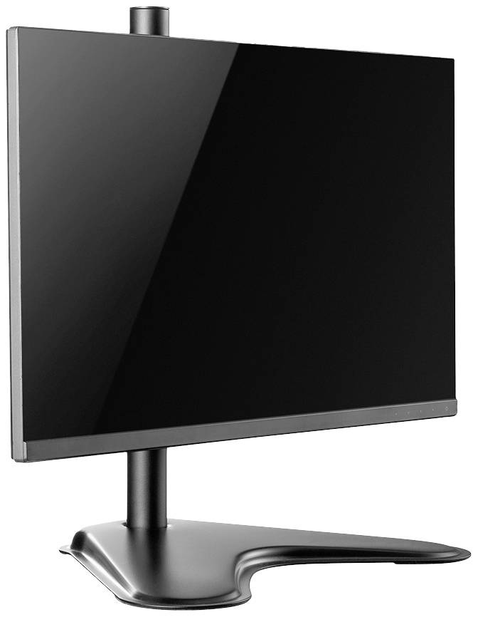 Un moniteur noir rectangulaire posé sur un support élégant et incurvé, vu de côté depuis la gauche.