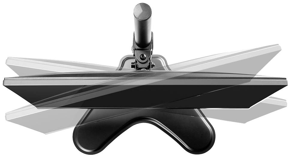 Un moniteur avec un socle réglable pivote. Montre la flexibilité de la position de l'écran vue de dessus.