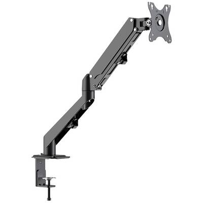Un bras de moniteur noir et ajustable à fixation de bureau, permettant un positionnement flexible des écrans. Adapté aux postes de travail ergonomiques.