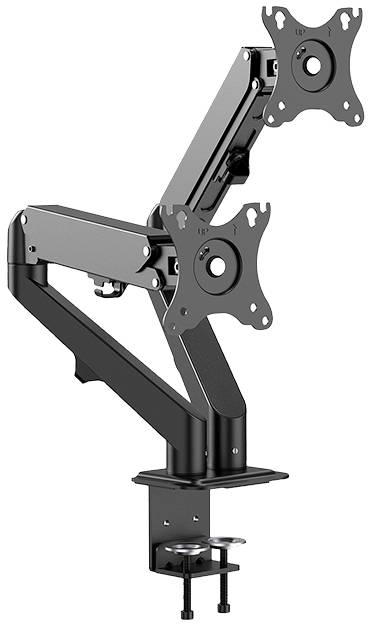 Support de moniteur double avec bras ajustables et fixation par pince pour montage sur bureau ; permet un positionnement flexible des écrans.