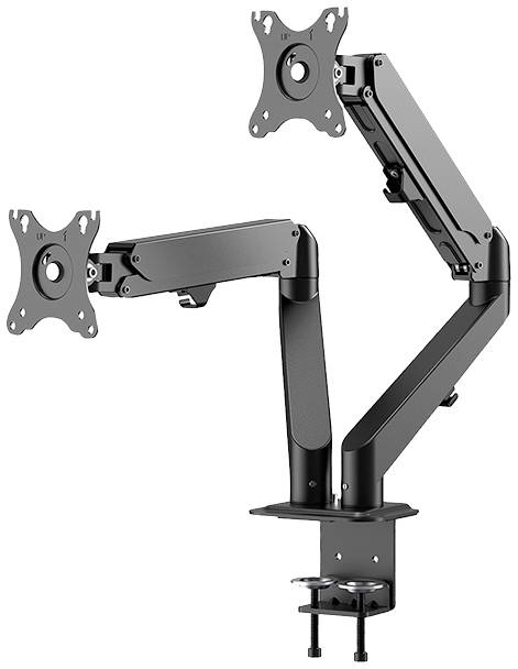 Support de moniteur double noir ajustable avec fixation par pince, adapté aux postes de travail de bureau, permettant un positionnement flexible des écrans.