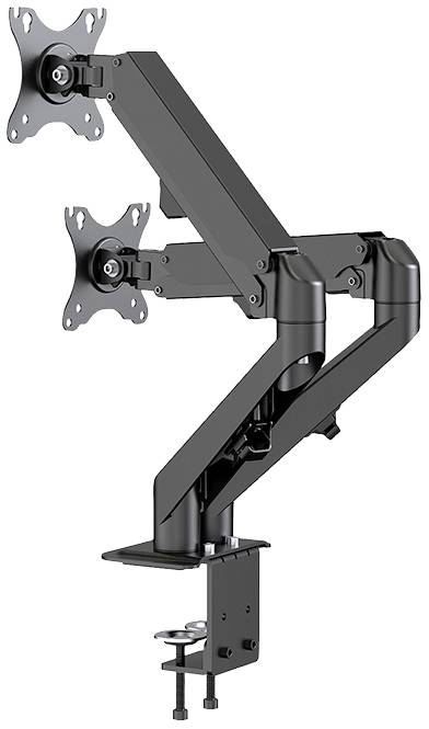 Support de moniteur à deux bras, inclinable et pivotant, pour deux écrans, fixé à une table, noir.
