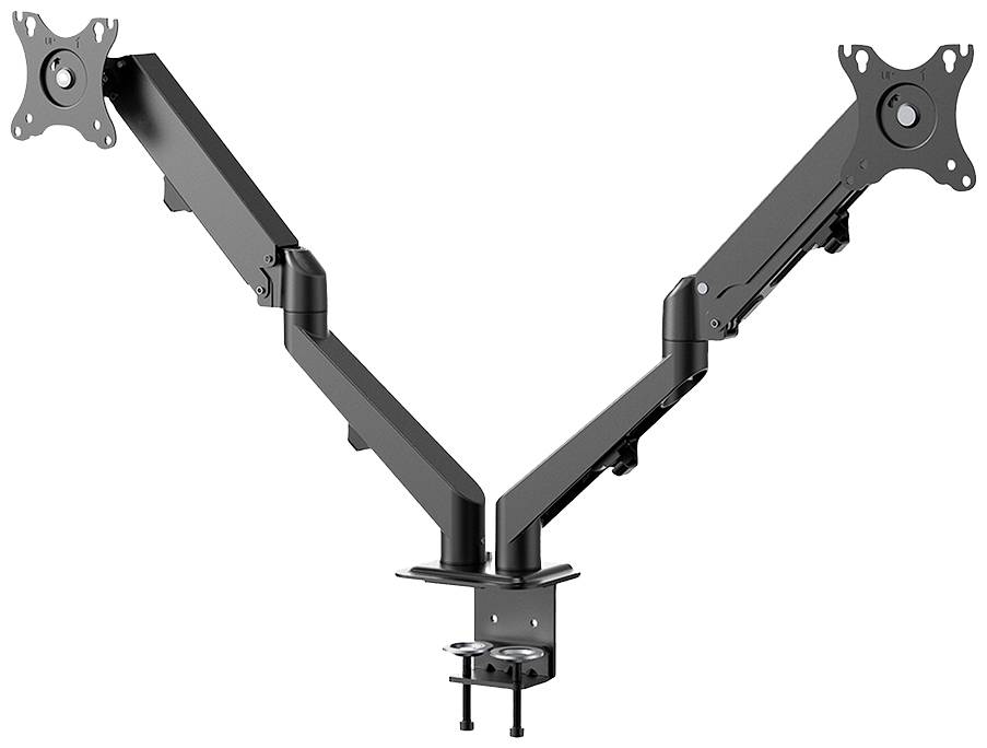 Support de moniteur à deux bras en métal noir, à fixer sur des bureaux, adapté pour deux écrans.
