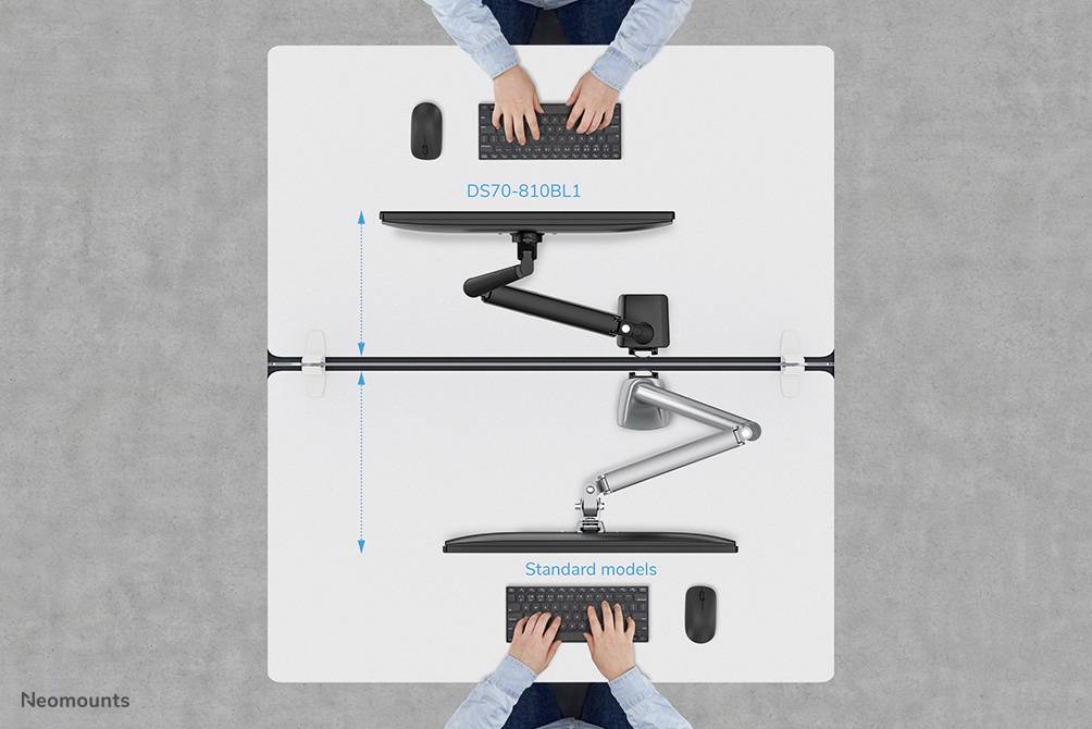 Deux personnes à une table, installent des bras de moniteur. Le bras supérieur montre le modèle 'DS70-810BL1', le bras inférieur 'Modèles standards'.