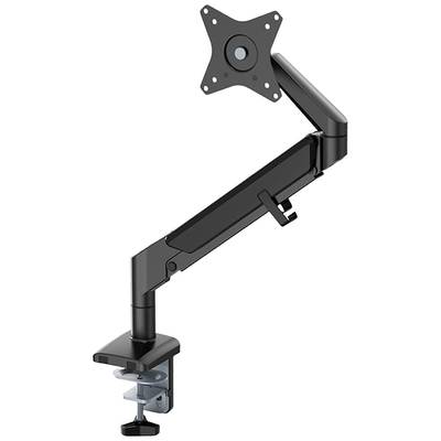 Un bras de moniteur noir avec articulation réglable et pince de fixation pour table. Idéal pour positionner un écran de manière flexible.