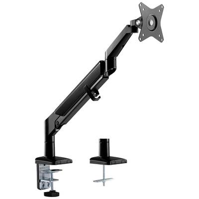 Bras de support réglable noir pour écran, avec pince de fixation de bureau et option de fixation traversante. Conçu pour un positionnement ergonomique de l'écran.