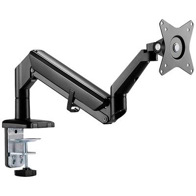 Un bras de moniteur ajustable en métal noir, monté sur un bureau, avec un dispositif de fixation pour un écran.