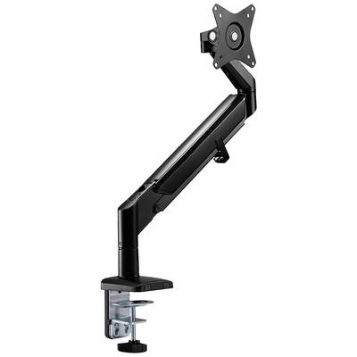 Un bras de moniteur noir et réglable avec pince de fixation pour bureau, adapté à la fixation d'un écran.