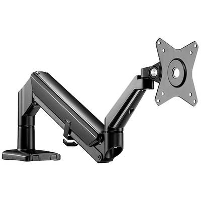 Un bras de moniteur noir avec articulation réglable et support VESA, adapté pour fixer un écran sur un bureau.