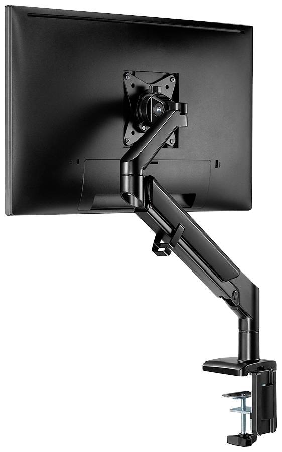 Un support de moniteur noir avec bras à ressort pneumatique, monté sur un bureau, maintient un écran plat.