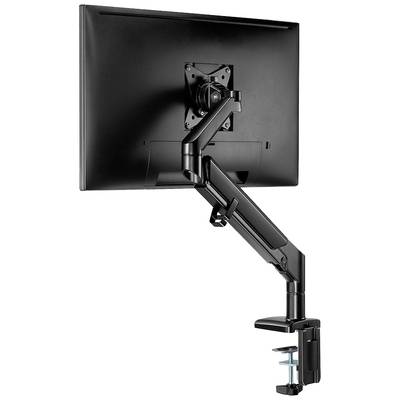 Un support de moniteur noir avec bras à ressort pneumatique, monté sur un bureau, maintient un écran plat.