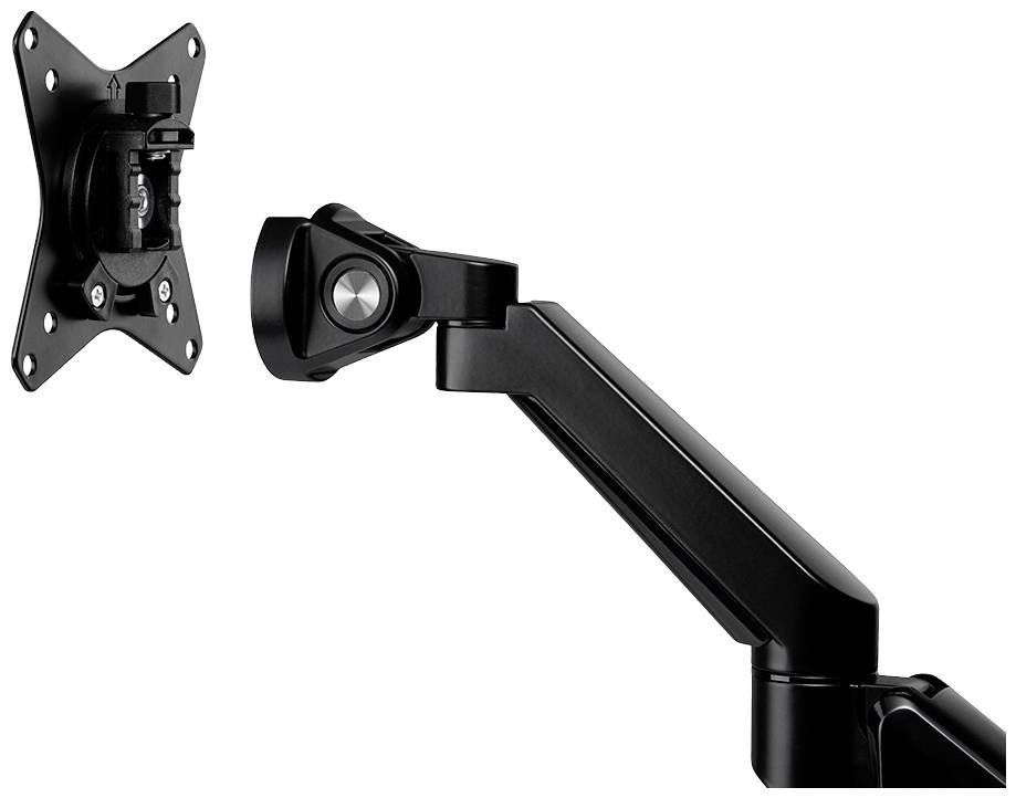 Un bras de moniteur noir et réglable avec support VESA, adapté pour une fixation sur un bureau afin de positionner l'écran de manière ergonomique.