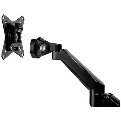 Un bras de moniteur noir et réglable avec support VESA, adapté pour une fixation sur un bureau afin de positionner l'écran de manière ergonomique.