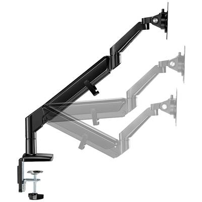 Bras de moniteur noir ajustable avec pince de fixation pour bureau et articulation pivotante, permettant de régler l'inclinaison et la hauteur du moniteur.